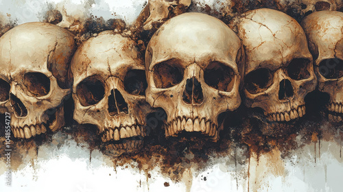 Dramatic Clip Art of Stacked Skulls with Grunge Texture for Halloween and Gothic Themes photo