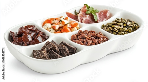 A variety of cat food in a white ceramic dish, featuring both wet and dry options, isolated on a bright white background, showcasing healthy meal choices.