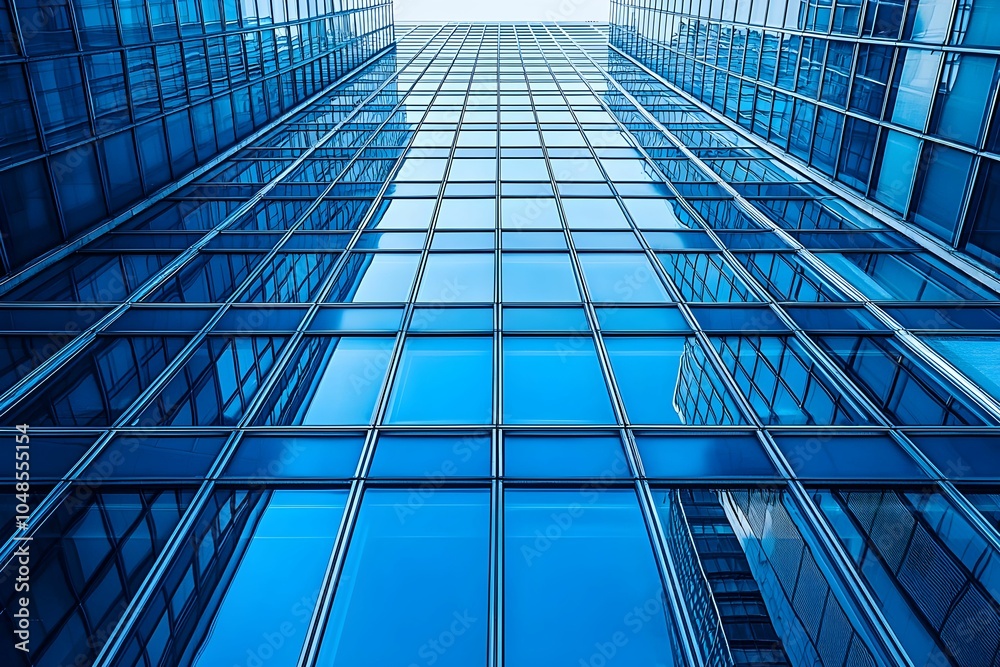 Looking up at modern glass buildings in a vibrant urban setting
