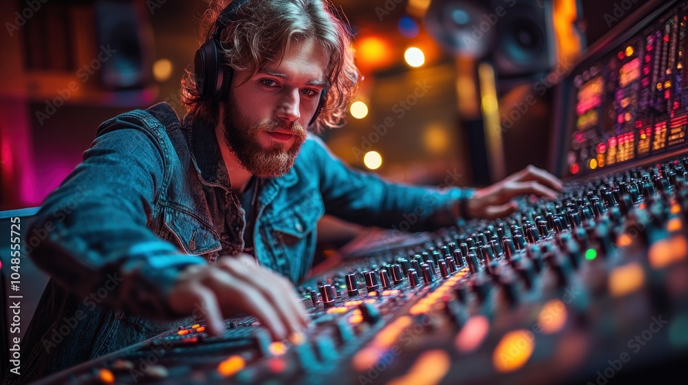 A young, bearded man with headphones on, is working at a mixing board in a recording studio. He is wearing a denim jacket and has a serious expression on his face. A young, bearded man with headphones on, is working at a mixing board in a recording studio. He is wearing a denim jacket and has a serious expression on his face.