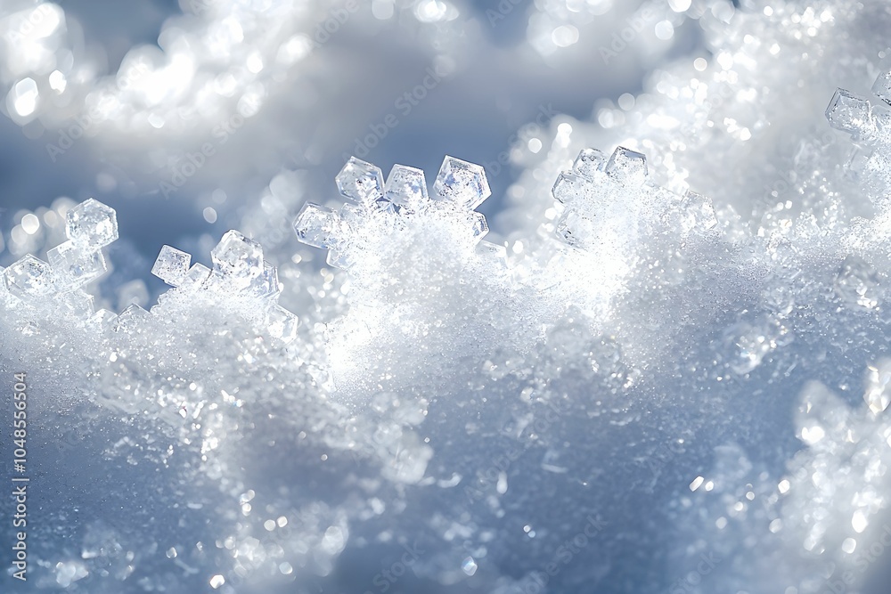 Snowflakes on soft, untouched snow in bright sunlight Snowflakes on soft, untouched snow in bright sunlight