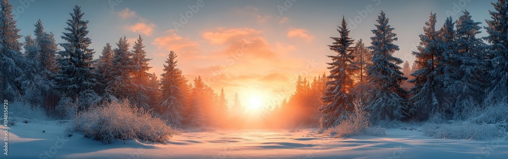 Fototapeta premium Stunning sunrise over snow-covered fir trees in the Carpathians