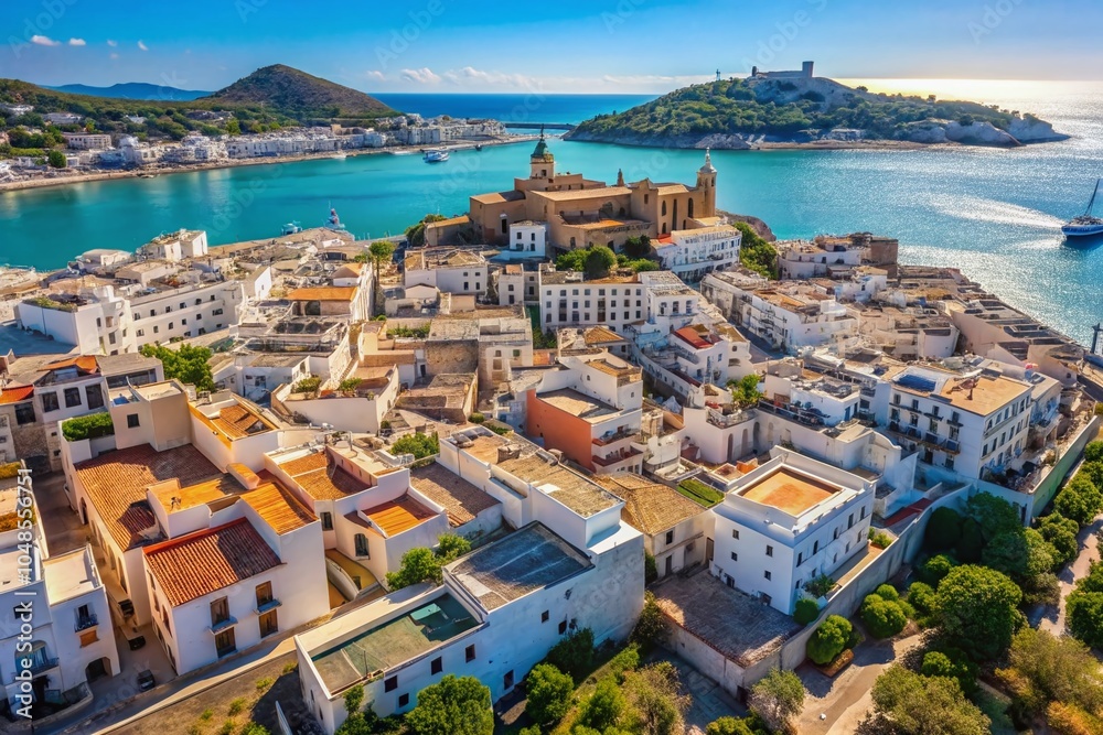 Aerial View of Ibiza Town, Spain: Minimalist Summer Landscape with Blue Sky Aerial View of Ibiza Town, Spain: Minimalist Summer Landscape with Blue Sky