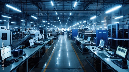 A Long View Down a Row of Computer Workstations in a Modern Factory