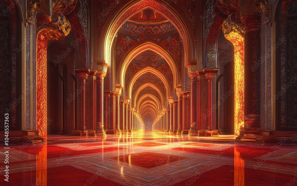 Obraz premium Golden Arches and Pillars in a Fantasy Palace Hallway with Red Marble Floor and Glowing Light