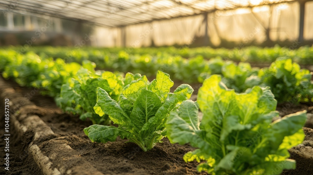Hydroponic farm filled with rows of green leafy vegetables under artificial lighting, showcasing the technology behind sustainable urban agriculture. Hydroponic farm filled with rows of green leafy vegetables under artificial lighting, showcasing the technology behind sustainable urban agriculture.