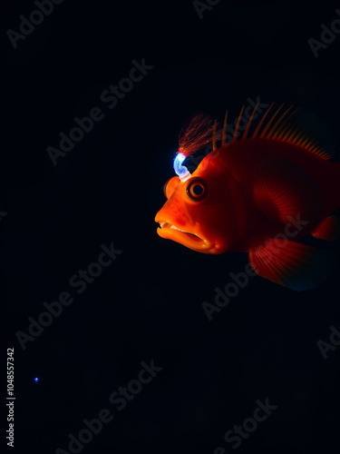 Vibrant orange anglerfish with bioluminescent lure on its head swims alone in dark, mysterious deep-sea water, surrounded by faint blue glow of marine sediment. photo