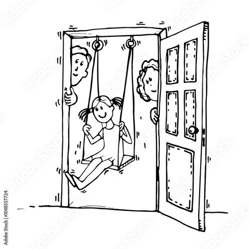 Smiling parents looking at  happy girl on swing. Family at the door with a child on a swing. Hand drawn line vector illustration