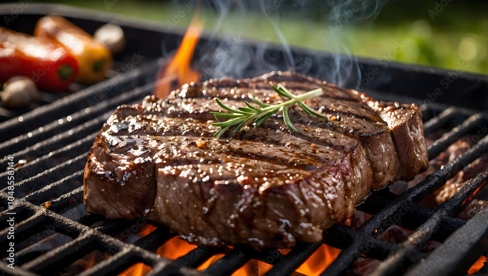 closeup of juicy steak sizzling on hot grill, surrounded by flames and smoke, evokes mouthwatering and appetizing experience closeup of juicy steak sizzling on hot grill, surrounded by flames and smoke, evokes mouthwatering and appetizing experience