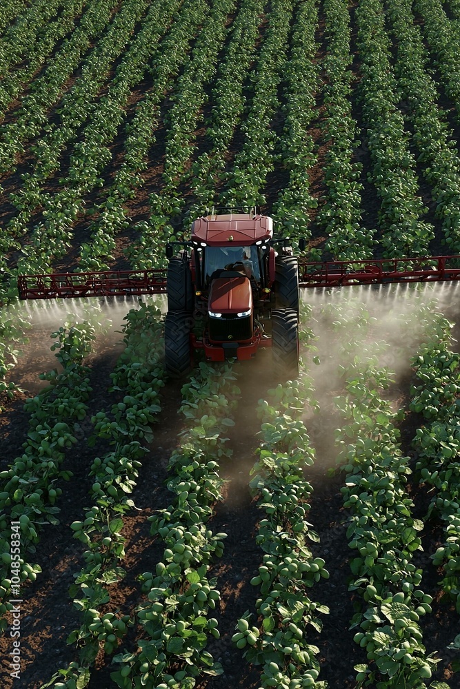 Fototapeta premium Tractor spraying pesticides at soy bean field.