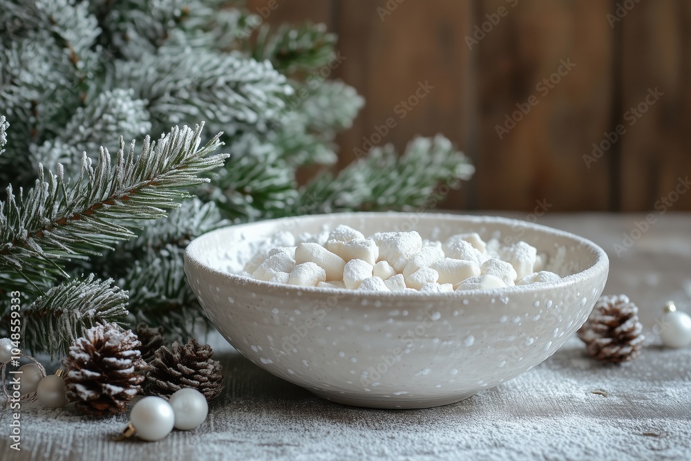 a white clay bowl looks like snow and it contains sweets in white glaze sprinkled with powder and next to it are branches of a Christmas tree with New Year's toys that create a New Year's mood a white clay bowl looks like snow and it contains sweets in white glaze sprinkled with powder and next to it are branches of a Christmas tree with New Year's toys that create a New Year's mood