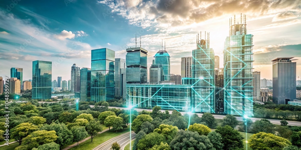 Fototapeta premium AI-Driven Urban Planning Model in Neon Blue Visualizing Optimized City Layouts for Efficient Living Spaces