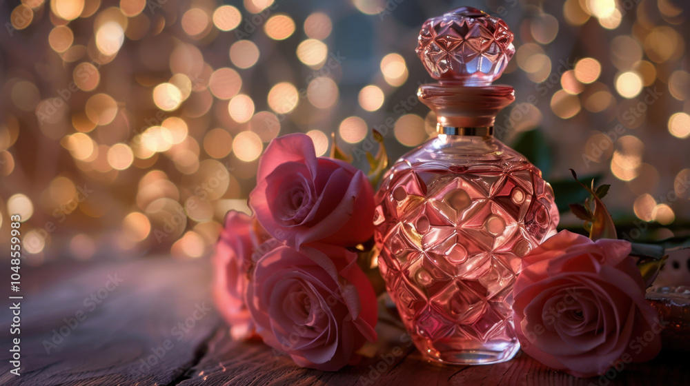 pink glass perfume bottle with roses on a wooden table