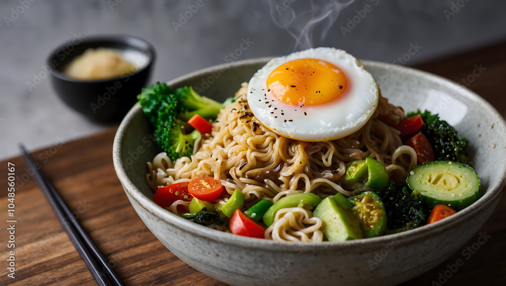 steaming bowl of ramen topped with perfectly cooked egg, vibrant vegetables, and aromatic steam rising, creating delightful and inviting meal experience steaming bowl of ramen topped with perfectly cooked egg, vibrant vegetables, and aromatic steam rising, creating delightful and inviting meal experience