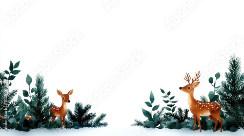 Two deer among green foliage on a white isolated background.