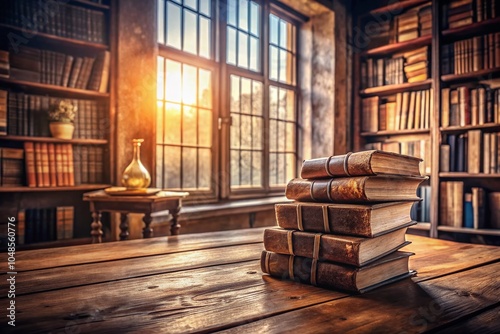 Antique Books on Wooden Table in Library - High Depth of Field, Cozy Reading Nook, Vintage Literature, Warm