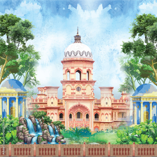 AdobeBeautiful Arch Chinoiseries peacock, Parrot, Birds Palace garden royal Wallpaper. moroccan decorative garden  Illustrator Artwork