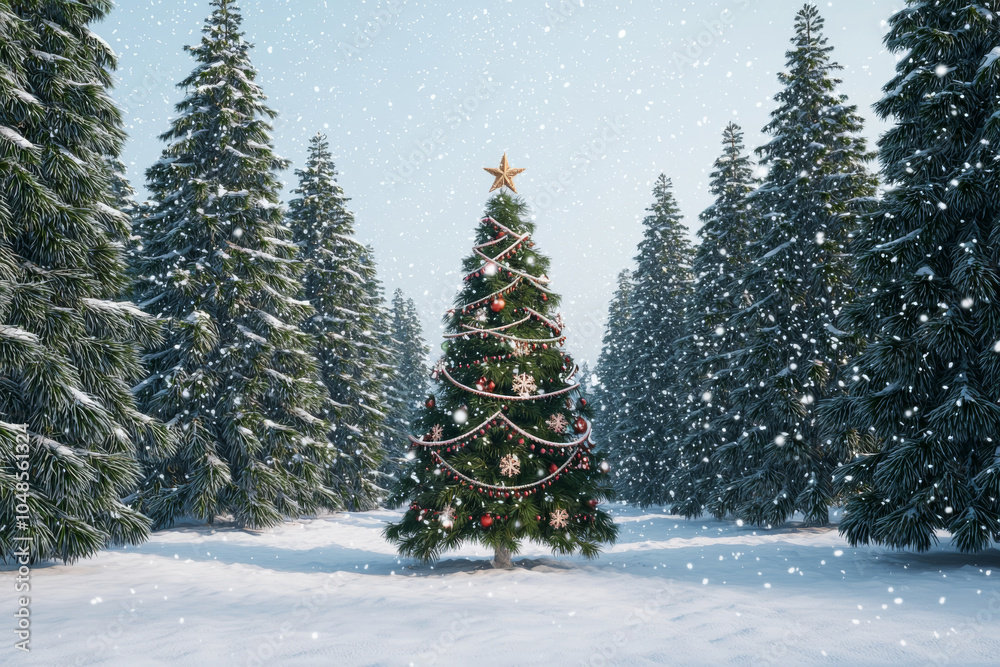 Obraz premium A beautifully decorated Christmas tree stands in a snowy forest, surrounded by tall evergreen trees, creating a festive winter scene.