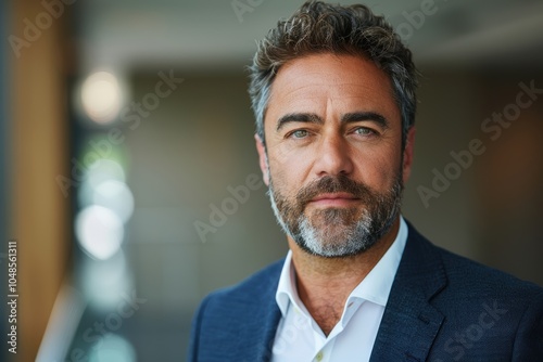 A confident man with salt-and-pepper hair wearing a navy blazer and white shirt, posing indoors, exuding an aura of professionalism and poise