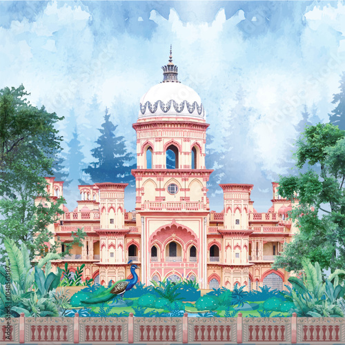 AdobeBeautiful Arch Chinoiseries peacock, Parrot, Birds Palace garden royal Wallpaper. moroccan decorative garden  Illustrator Artwork