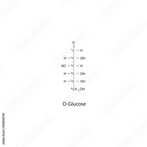 D-Glucose (straight chain form) skeletal structure diagram.Sugar compound molecule scientific illustration.