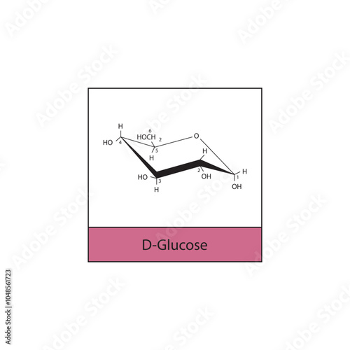 D-Glucose (Chair form) skeletal structure diagram.Sugar compound molecule scientific illustration.