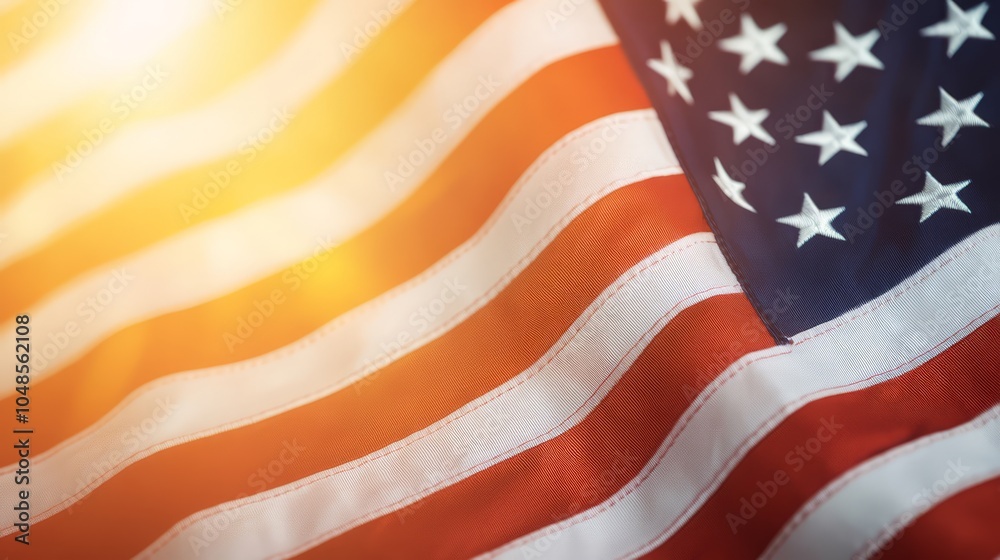 Obraz premium Close-up of Waving American Flag with Warm Light Background