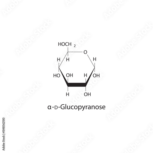 α-D-Glucopyranose skeletal structure diagram.Sugar compound molecule scientific illustration.