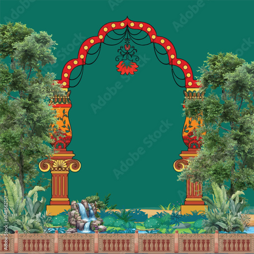 AdobeBeautiful Arch Chinoiseries peacock, Parrot, Birds Palace garden royal Wallpaper. moroccan decorative garden  Illustrator Artwork