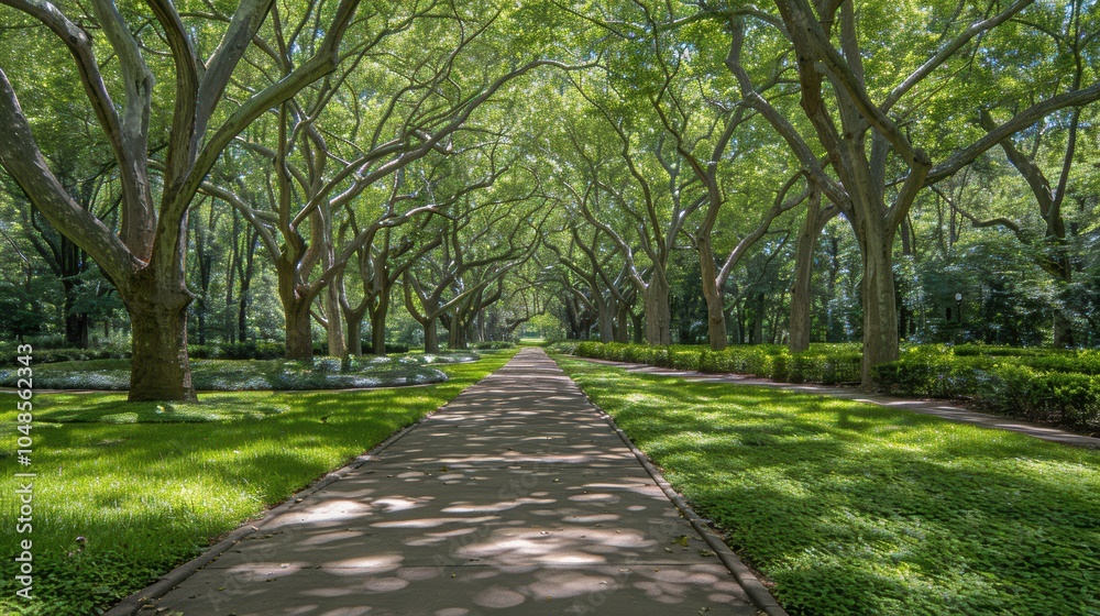 Fototapeta premium A beautiful, serene walkway flanked by towering trees with lush green foliage, casting dappled sunlight on the path in a tranquil park setting