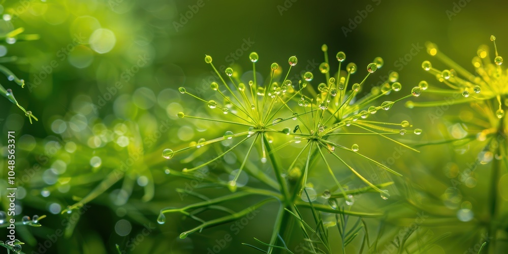 A breathtaking close-up photograph showcasing the intricate details of vibrant green plant stems adorned with delicate water droplets glistening under natural light