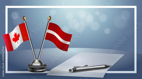 Canada and Latvia Small national flag on bokeh background, cooperative relationship