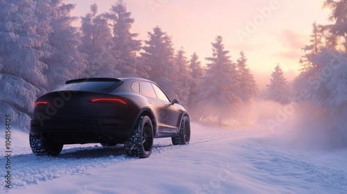 Black SUV in Snowy Forest at Sunrise