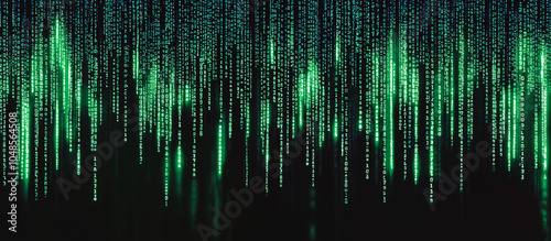 A vertical stream of glowing green binary code (1s and 0s) flowing down against a dark black background.