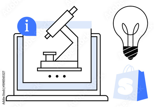 A drawing of a laptop displaying a microscope. Also visible are a lightbulb, an information symbol, and a shopping bag. Ideal for scientific research, innovation, education, online shopping