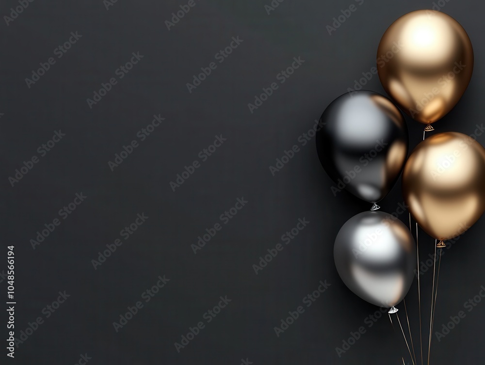 Minimalist Balloons in Silver and Gold on Black Background for Party or Celebration Design. Minimalist Balloons in Silver and Gold on Black Background for Party or Celebration Design.