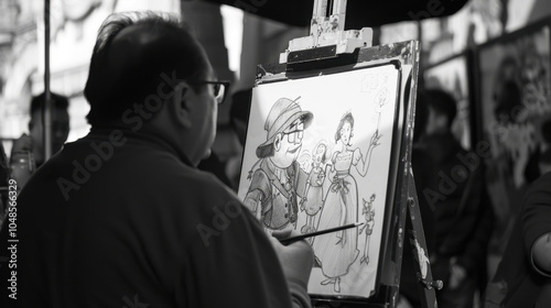 The artist is drawing sketches of characters from fairy tales