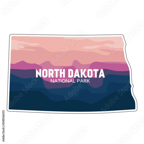 North Dakota Map Outline with a National Park Landscape and Sunset View