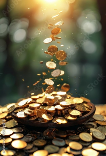 gold coins pouring down from above, forming a pile, indicating the rise and growth of a career or profit, growing growth, well-being and abundance