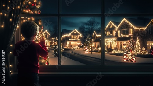 Christmas scene in neighborhood with beautifully decorated houses and reach lighting. View from inside dark room, child stands by the window, looking out at the other beautifully lit homes