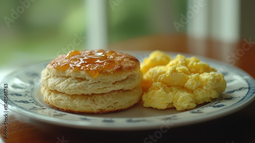 A delicious plate featuring a flaky biscuit topped with jelly and a side of fluffy scrambled eggs, perfect for breakfast.