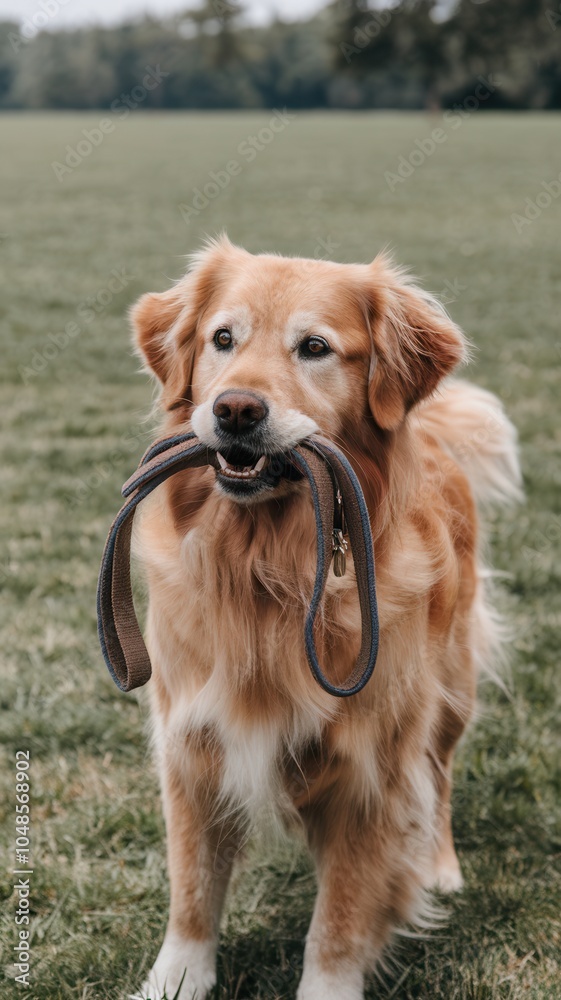 Obraz premium Golden Retriever on Grass Holding Blue Leash