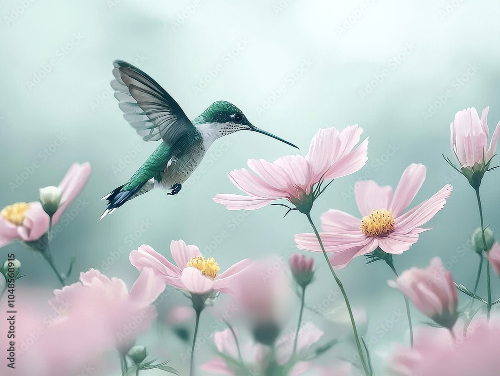 Obraz premium Delicate hummingbird hovering near pink flowers, showcasing natures beauty and grace. soft colors create serene atmosphere, inviting tranquility and wonder