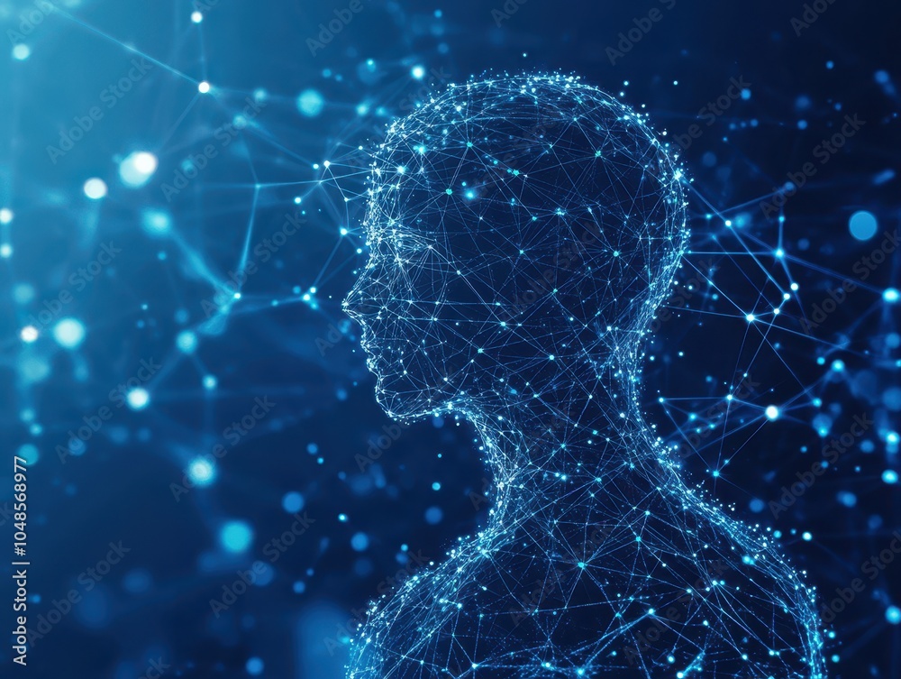 Abstract Digital Human Head Connected by Lines and Dots on Blue Background. Abstract Digital Human Head Connected by Lines and Dots on Blue Background.