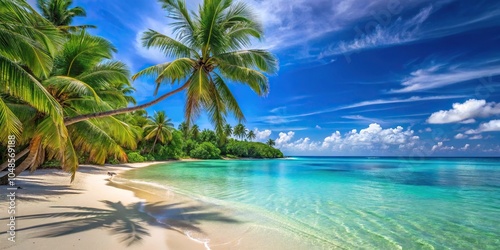 Tropical beach with azure waters, palm trees, sandy shoreline, forced perspective