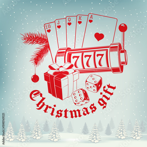 Lacky Christmas and Happy New Year stamp, sticker with horseshoe, slot machines, two dice, poker playing card, christmas gift. Vector. Vintage design for xmas, new year emblem in retro style.