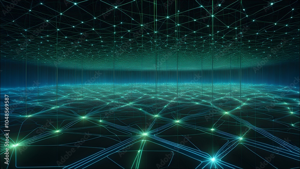 Obraz premium A futuristic AI visualization that highlights pattern recognition, showing intricate digital patterns emerging from data points in a dark, high-tech environment.