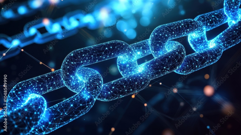 Abstract Digital Chain Link Network Connection Technology Concept - Blue Glowing Lines and Dots Abstract Digital Chain Link Network Connection Technology Concept - Blue Glowing Lines and Dots