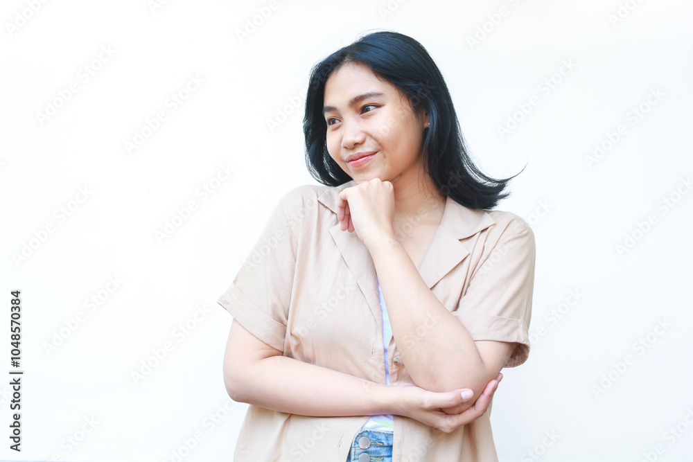 happy calm asian woman smiling confident wearing casual brown clothes isolated on white background happy calm asian woman smiling confident wearing casual brown clothes isolated on white background