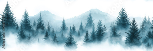 Seamless of Misty Evergreen Forest with Distant Mountains in Winter Landscape